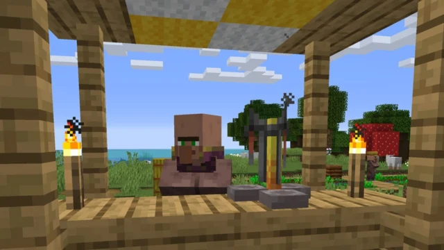Aldeão ao lado de um suporte de poções em uma construção de Minecraft