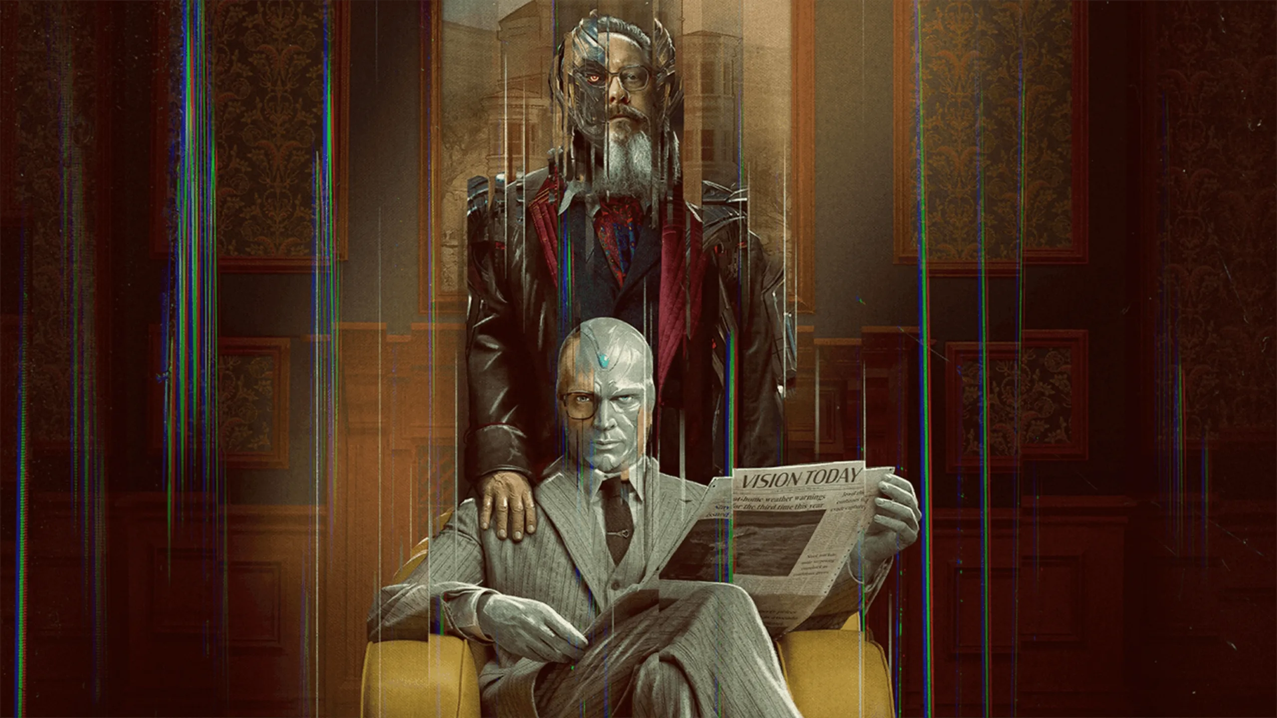 Visão Branco sentado em uma poltrona enquanto Ultron aparece atrás dele no pôster oficial de VisionQuest
