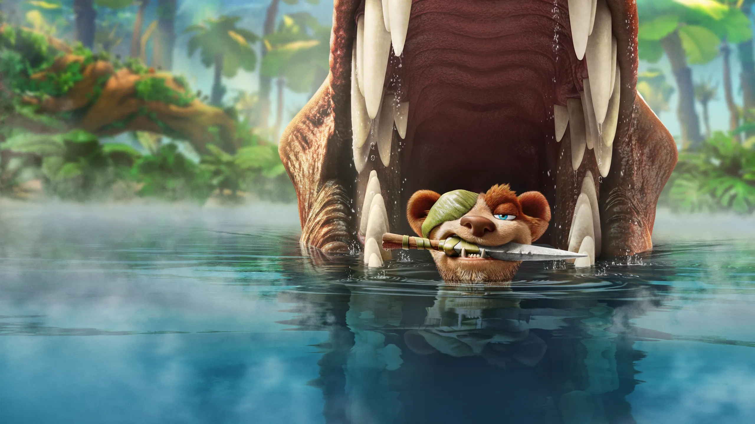 Buck nada diante da boca aberta de um dinossauro em A Era do Gelo: As Aventuras de Buck.