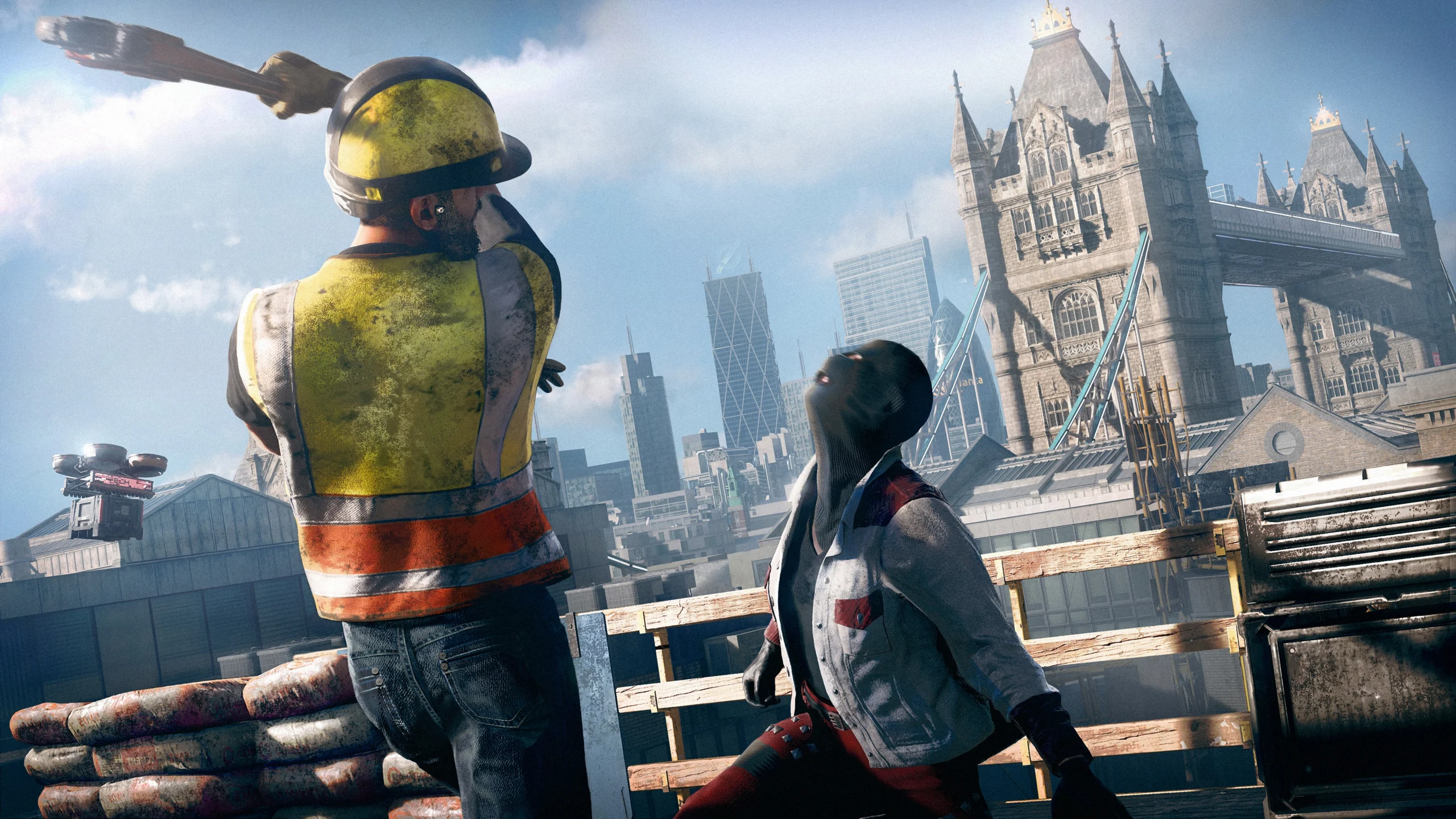 Personagem de Watch Dogs Legion em Londres utilizando equipamentos do jogo