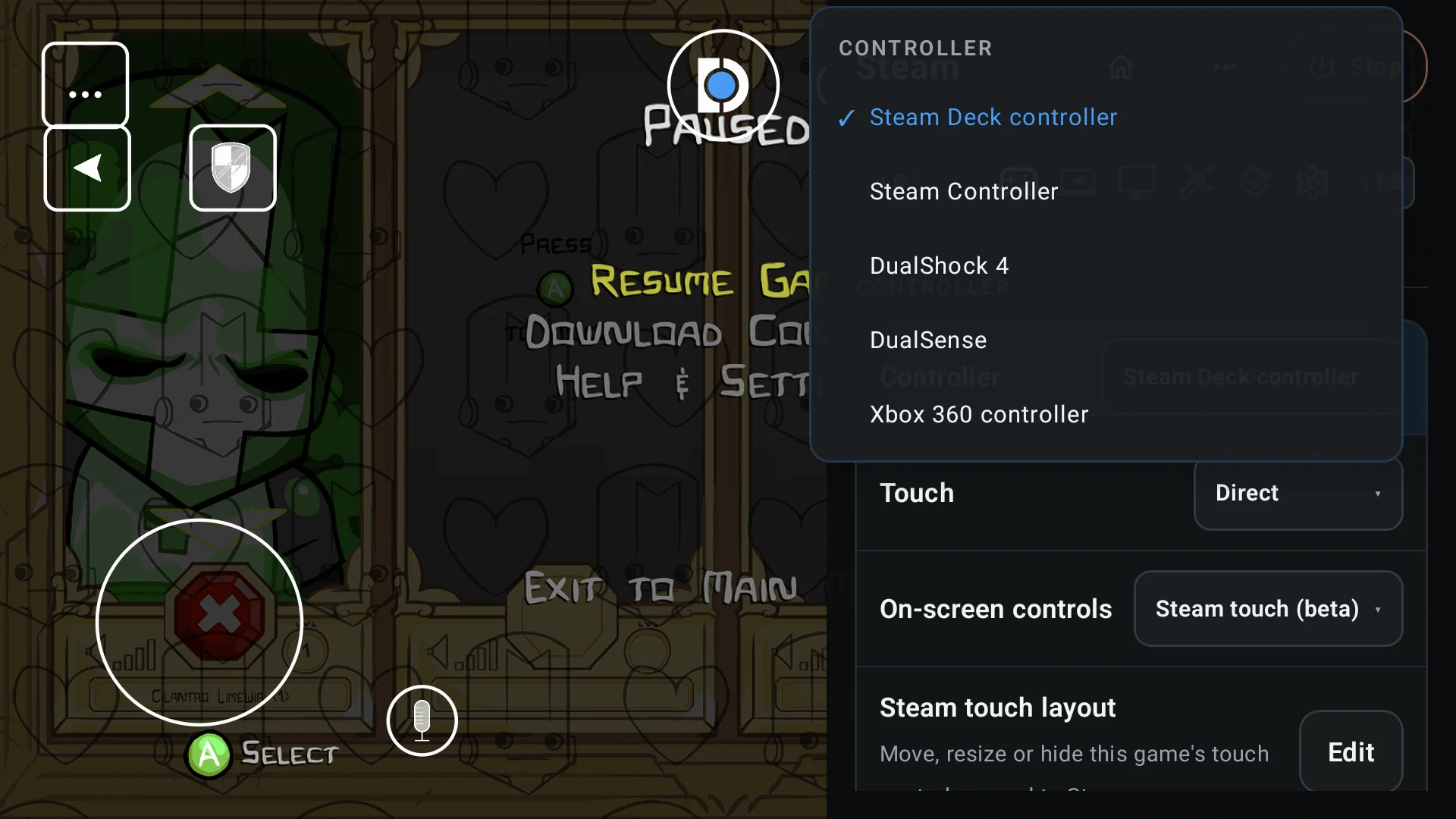 Menu do DroidDeck mostra opções de controle durante uma sessão de Castle Crashers