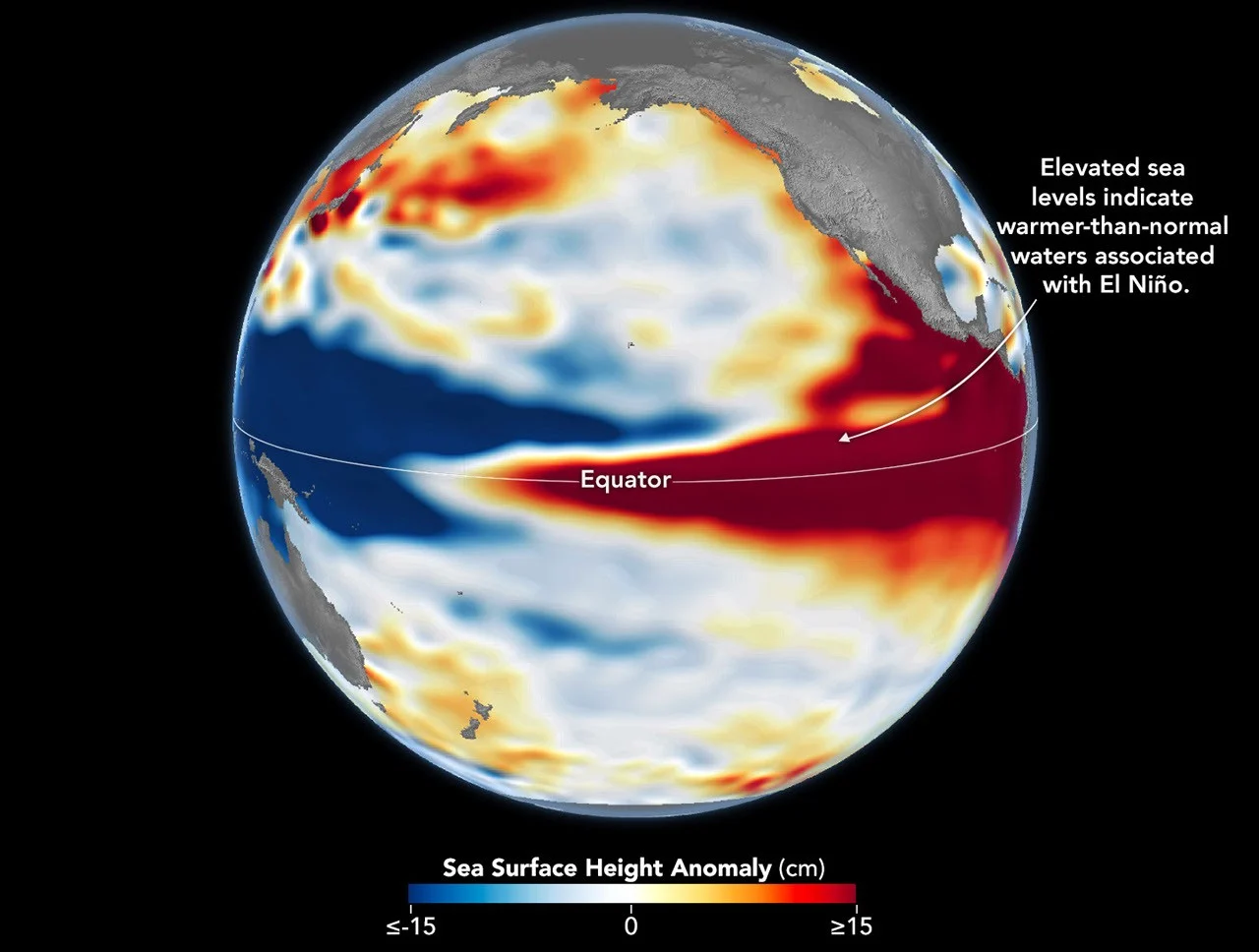 Mapa de satélite da NASA mostra elevação do nível do mar associada ao El Niño no Oceano Pacífico em 12 de outubro de 2026