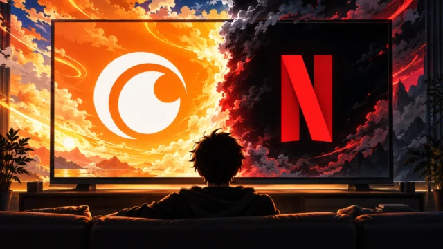 Ilustração com os símbolos da Crunchyroll e da Netflix em uma televisão, com um espectador à frente