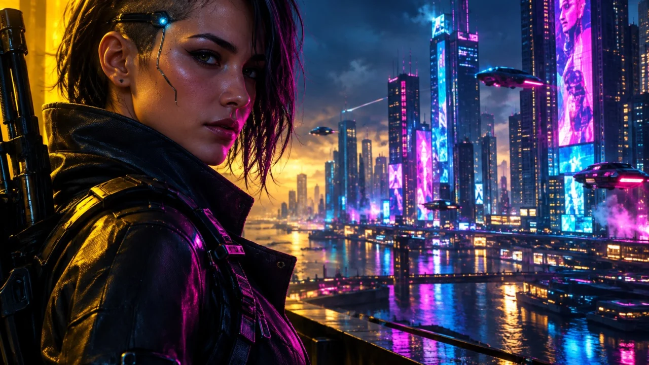 Mercenária em cidade neon representa o suporte a mods de Cyberpunk 2077 no PS5 e Xbox.