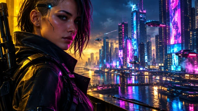 Mercenária em cidade neon representa o suporte a mods de Cyberpunk 2077 no PS5 e Xbox.