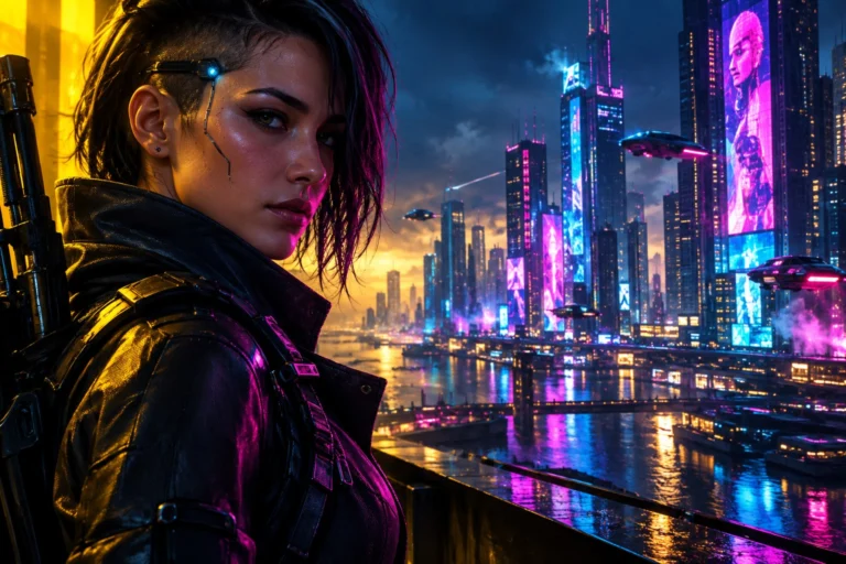 Mercenária em cidade neon representa o suporte a mods de Cyberpunk 2077 no PS5 e Xbox.