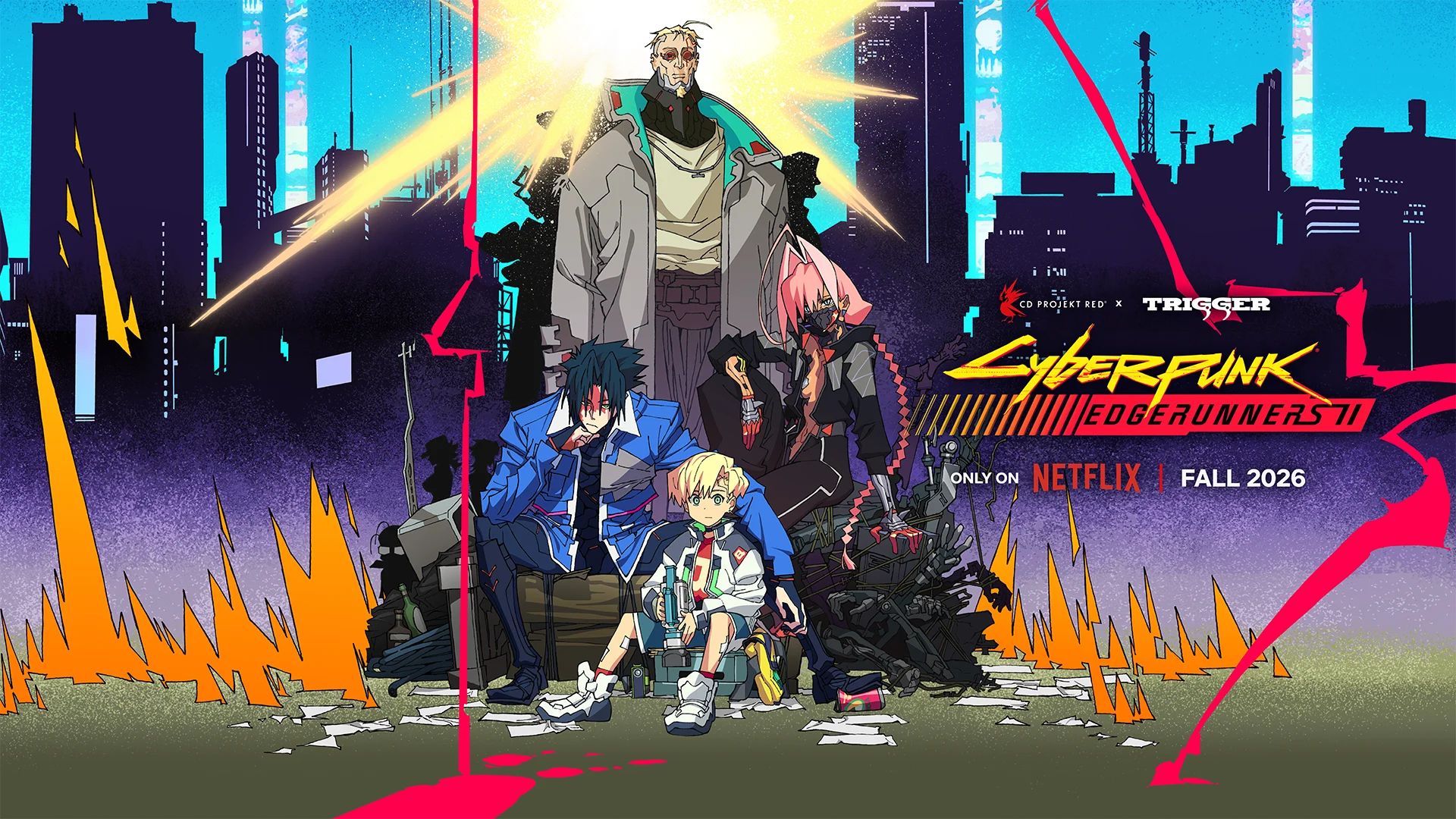 Arte promocional oficial de Cyberpunk Edgerunners 2 com os novos mercenários de Night City