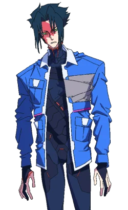 D, novo personagem de Cyberpunk Edgerunners 2, vestindo uma jaqueta azul
