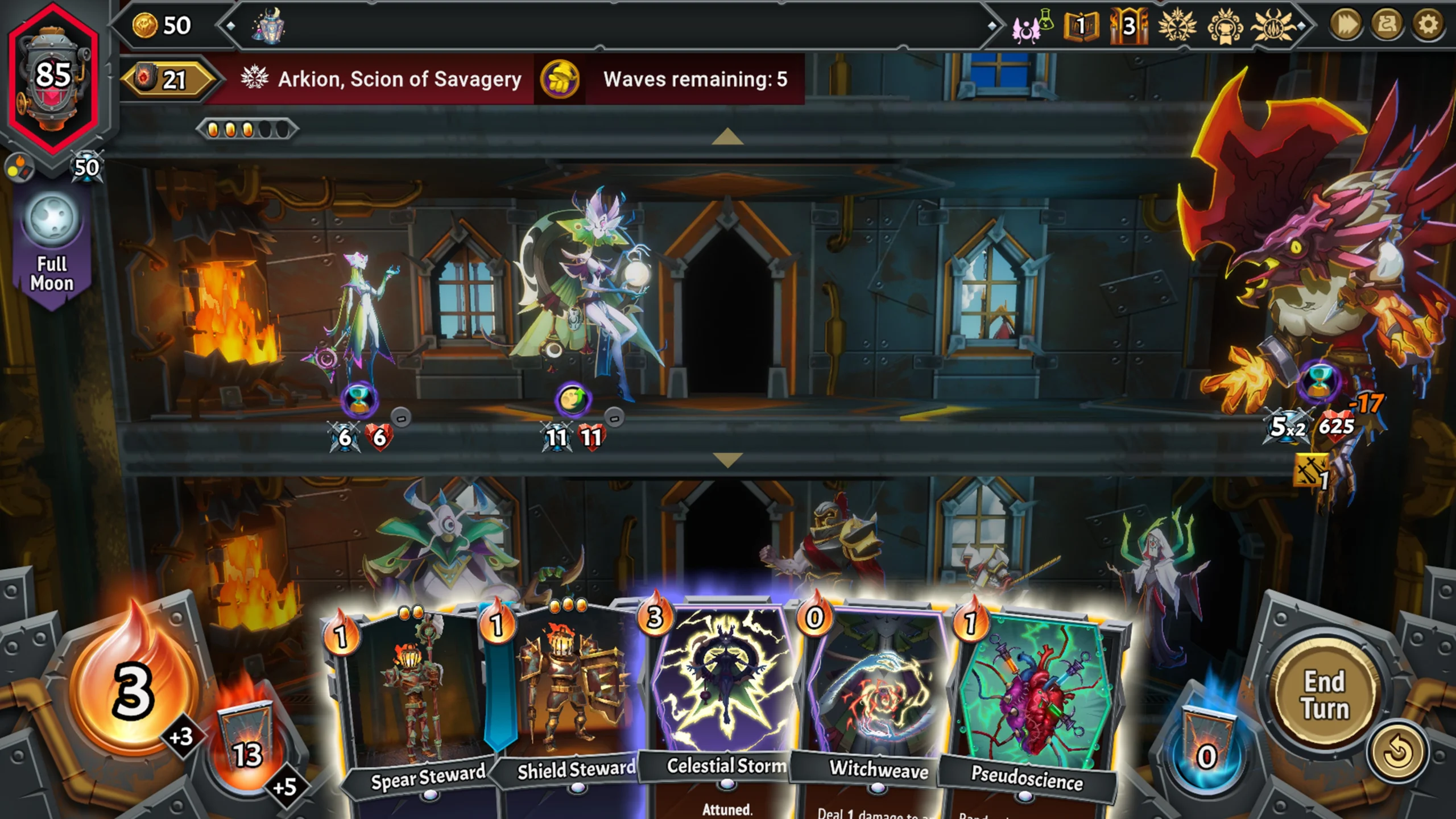Combate de Monster Train 2 mostra criaturas defendendo diferentes andares do trem e cartas disponíveis na interface