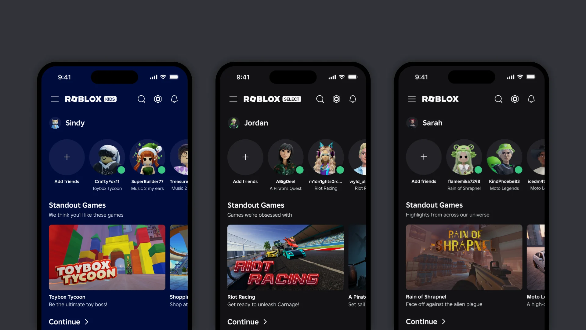 Comparação das interfaces de Roblox Kids, Roblox Select e conta Roblox para jogadores mais velhos