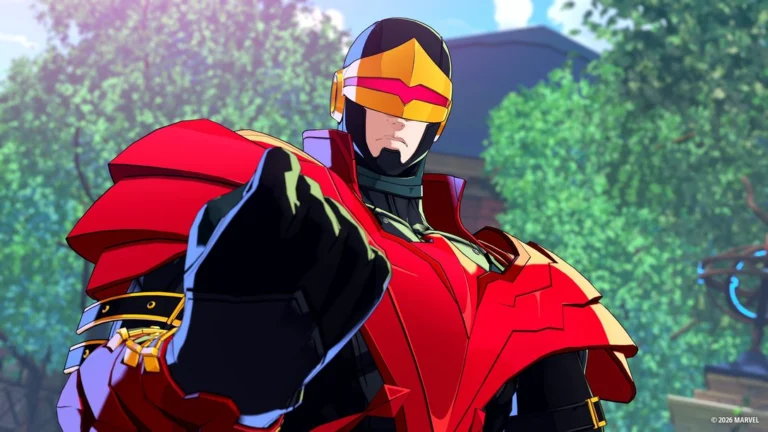 Ciclope Fênix com armadura vermelha e visor amarelo em Marvel Tōkon Fighting Souls