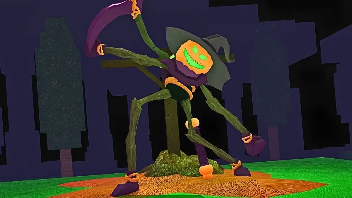Happy, o homem-abóbora de 99 Nights in the Forest, com chapéu e foice diante de uma estaca