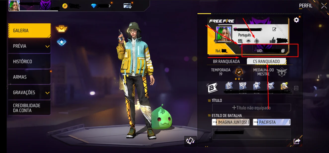Captura de tela de suporte oficial do Free Fire destacando o campo UID na aba Galeria do perfil