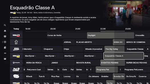 Guia de programação da Innova TV em uma tela Android TV com horários e canais ao vivo