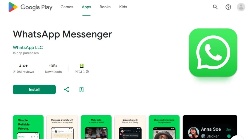 Exemplo de página do WhatsApp Messenger na Google Play com o nome de publicador WhatsApp LLC visível