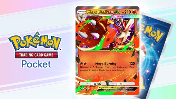 Carta Mega Blaziken ex ao lado do logo de Pokémon TCG Pocket