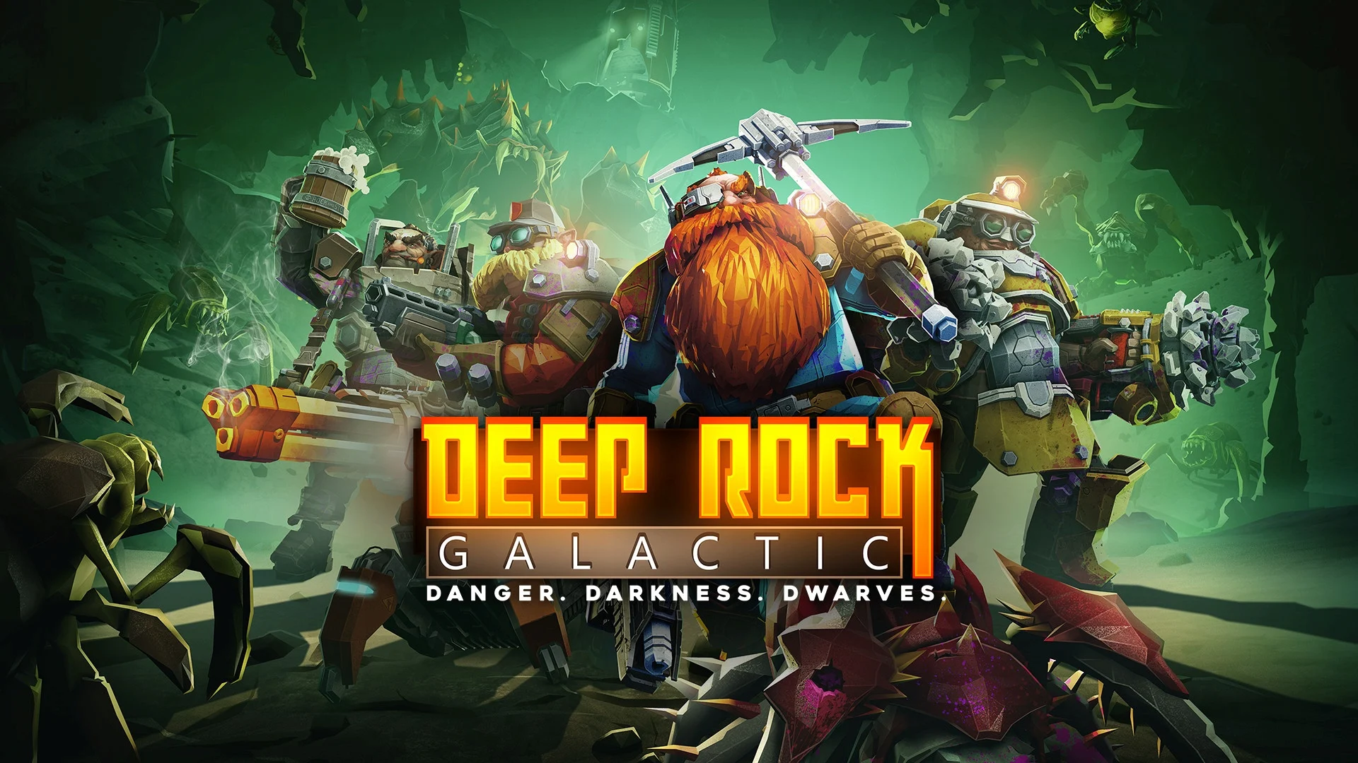 Equipe de anões espaciais equipada para enfrentar criaturas em uma caverna de Deep Rock Galactic