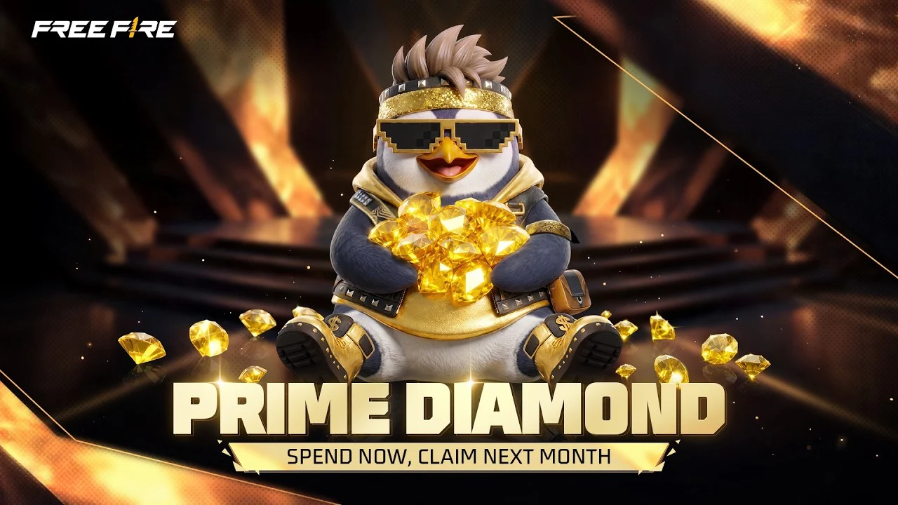 Pinguim do Free Fire segura gemas douradas em arte de apresentação dos Diamantes Prime.