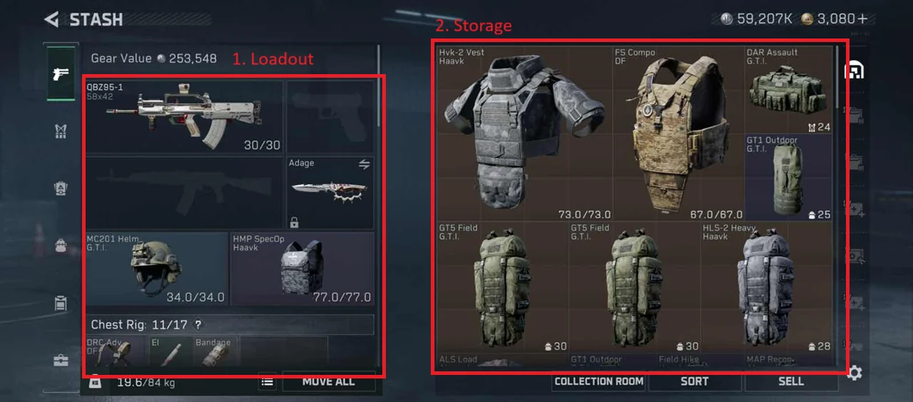 Estoque e áreas de equipamento de Delta Force mostrados no guia oficial