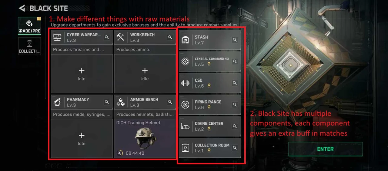Tela oficial do Black Site com instalações de melhoria em Delta Force
