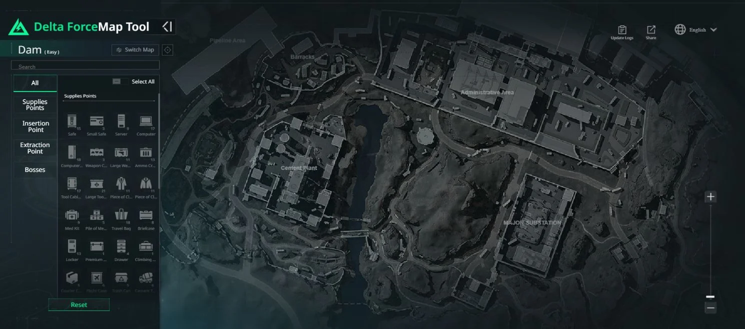 Mapa oficial Dam Easy com Quartéis, Fábrica de Cimento, Área Administrativa e Subestação Principal