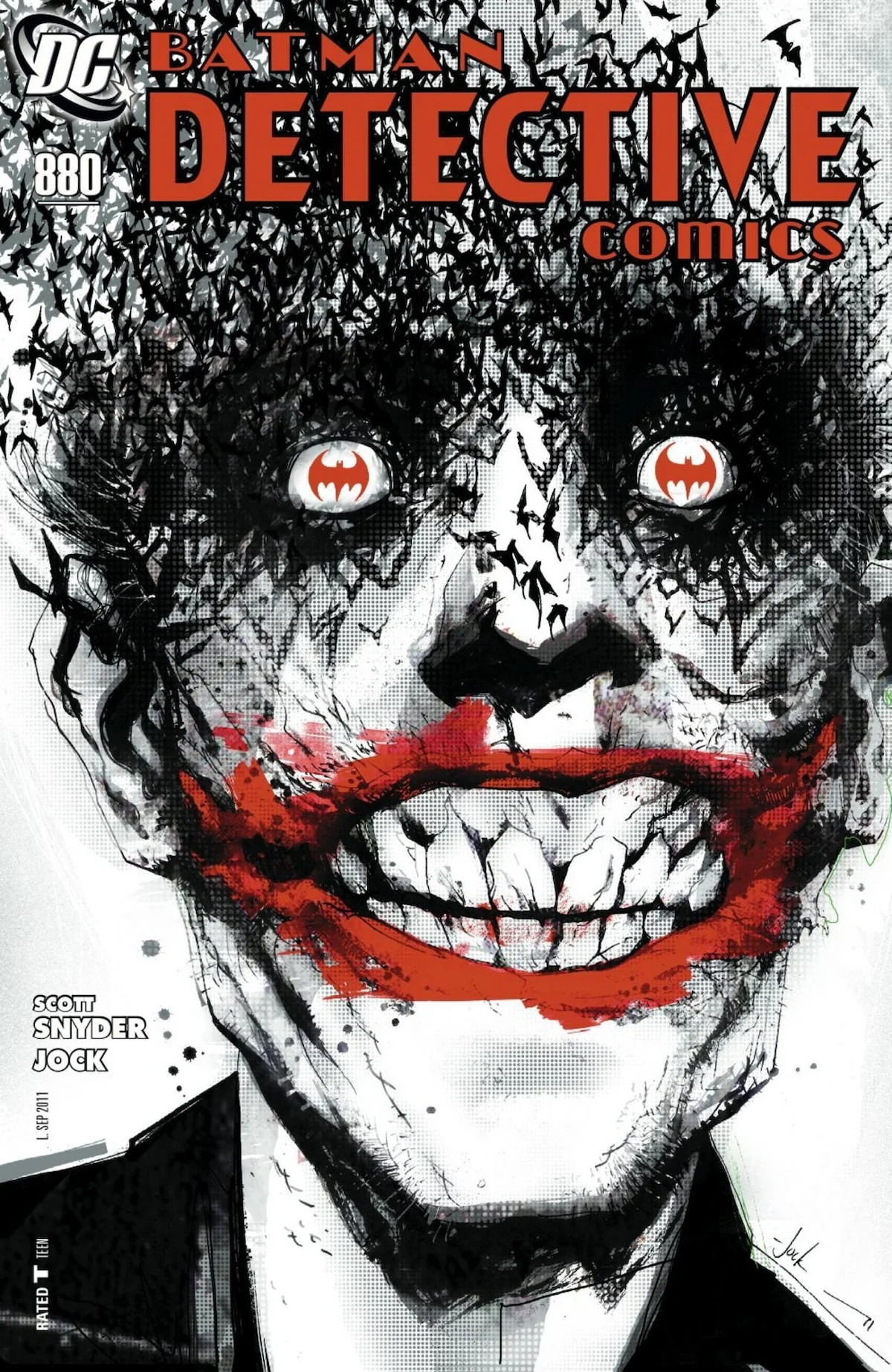 Capa original de Detective Comics 880 com o rosto do Coringa formado por morcegos