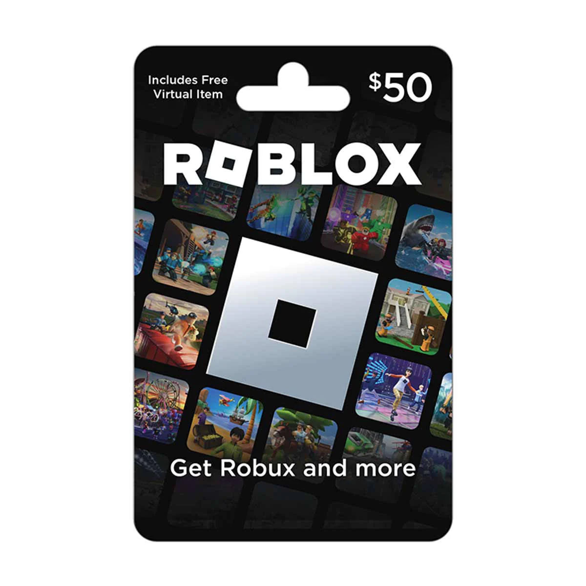 Exemplo de cartão-presente Roblox com logotipo e imagens de jogos