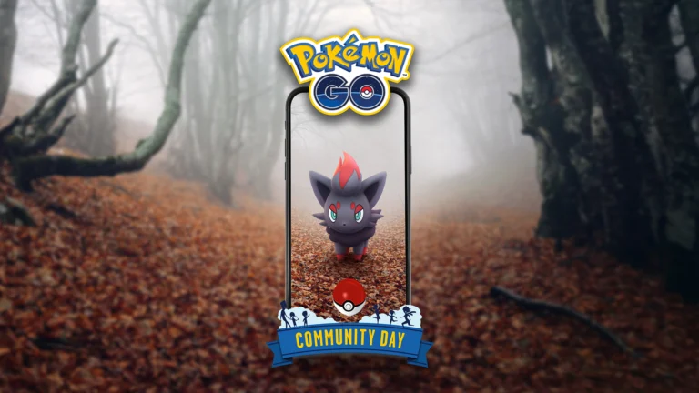 Zorua na tela de um celular em arte oficial do Dia Comunitário de Pokémon GO