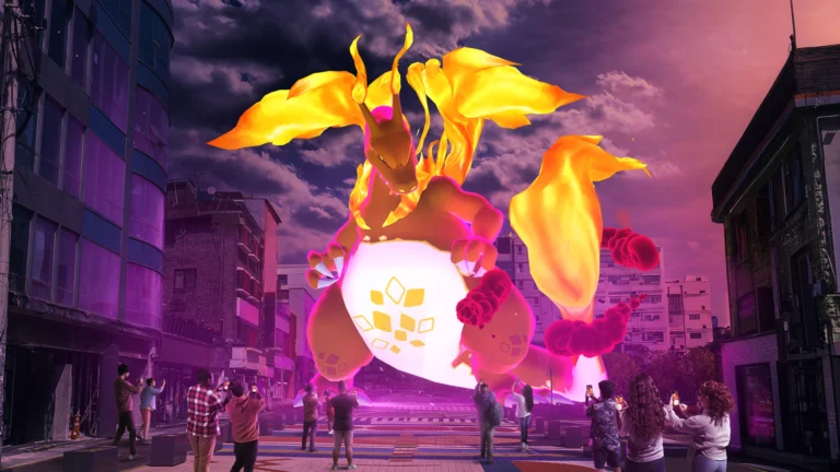 Charizard Gigamax aparece sobre uma praça em arte oficial das Batalhas Max de Pokémon GO