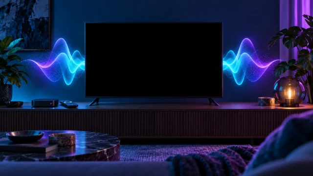 Ilustração de televisão com tela preta e ondas de áudio azuis e roxas, ao lado de controle e aparelho de streaming.