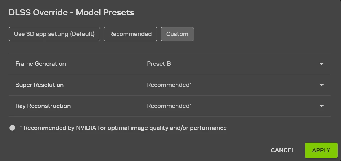 Tela do NVIDIA App mostrando o menu DLSS Override e a seleção de modelos de Frame Generation; nesta captura anterior aparece o Preset B