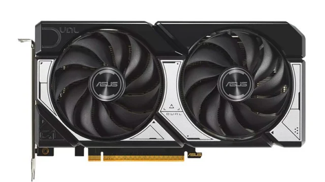 Placa de vídeo ASUS Dual GeForce RTX 5060 de 8 GB, com duas ventoinhas e acabamento preto e prata