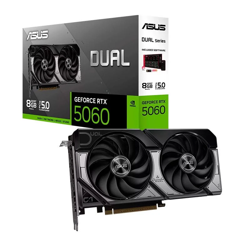 Placa ASUS Dual GeForce RTX 5060 de 8 GB apresentada com sua embalagem original, destacando a linha GeForce RTX 50