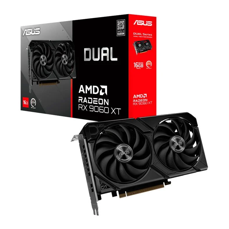 ASUS Dual Radeon RX 9060 XT de 16 GB ao lado da embalagem original, com indicação da memória de vídeo