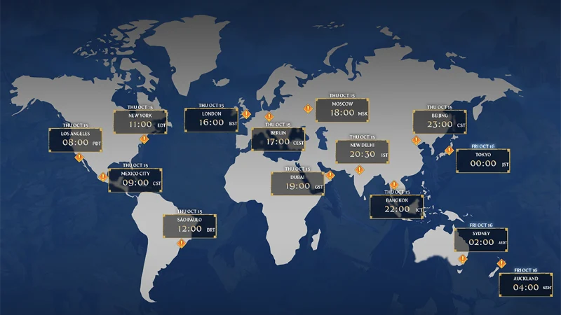 Mapa oficial de horários mundiais do lançamento de Enshrouded 1.0, com São Paulo às 12h