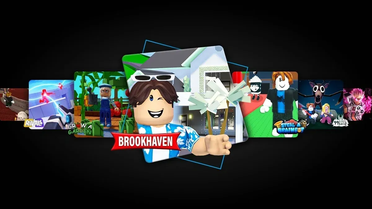 Montagem oficial da Roblox com diferentes experiências populares da plataforma, incluindo Steal a Brainrot