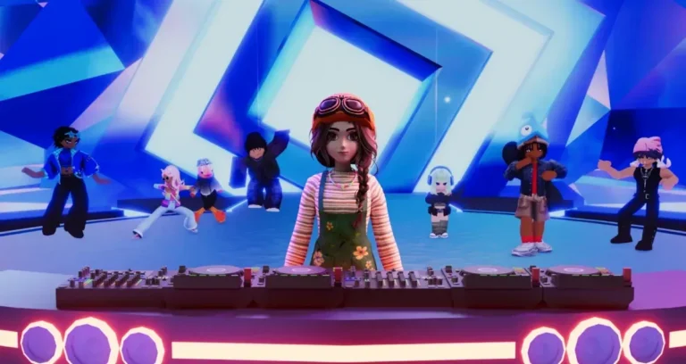 Avatares de Roblox com diferentes cabelos, roupas e acessórios em um cenário virtual com uma mesa de DJ