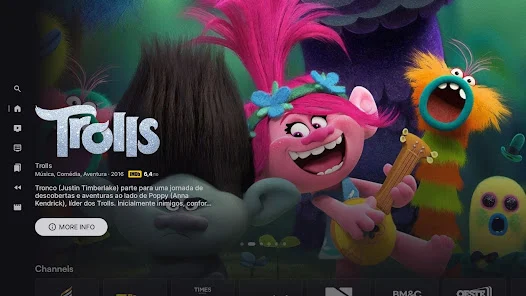 Tela do aplicativo Innova TV para Android TV com o filme Trolls em destaque