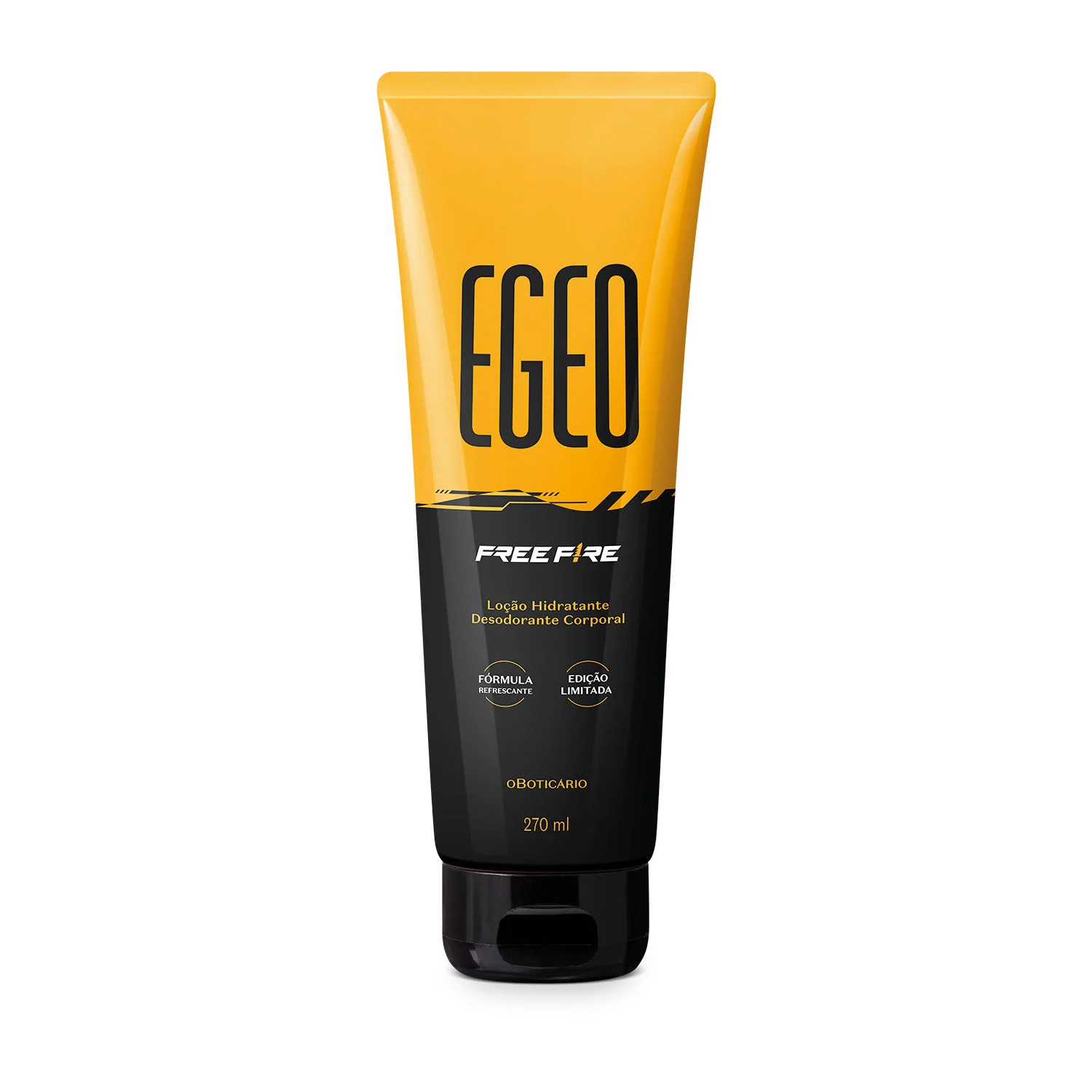 Embalagem amarela e preta da loção hidratante Egeo Free Fire de 270 ml