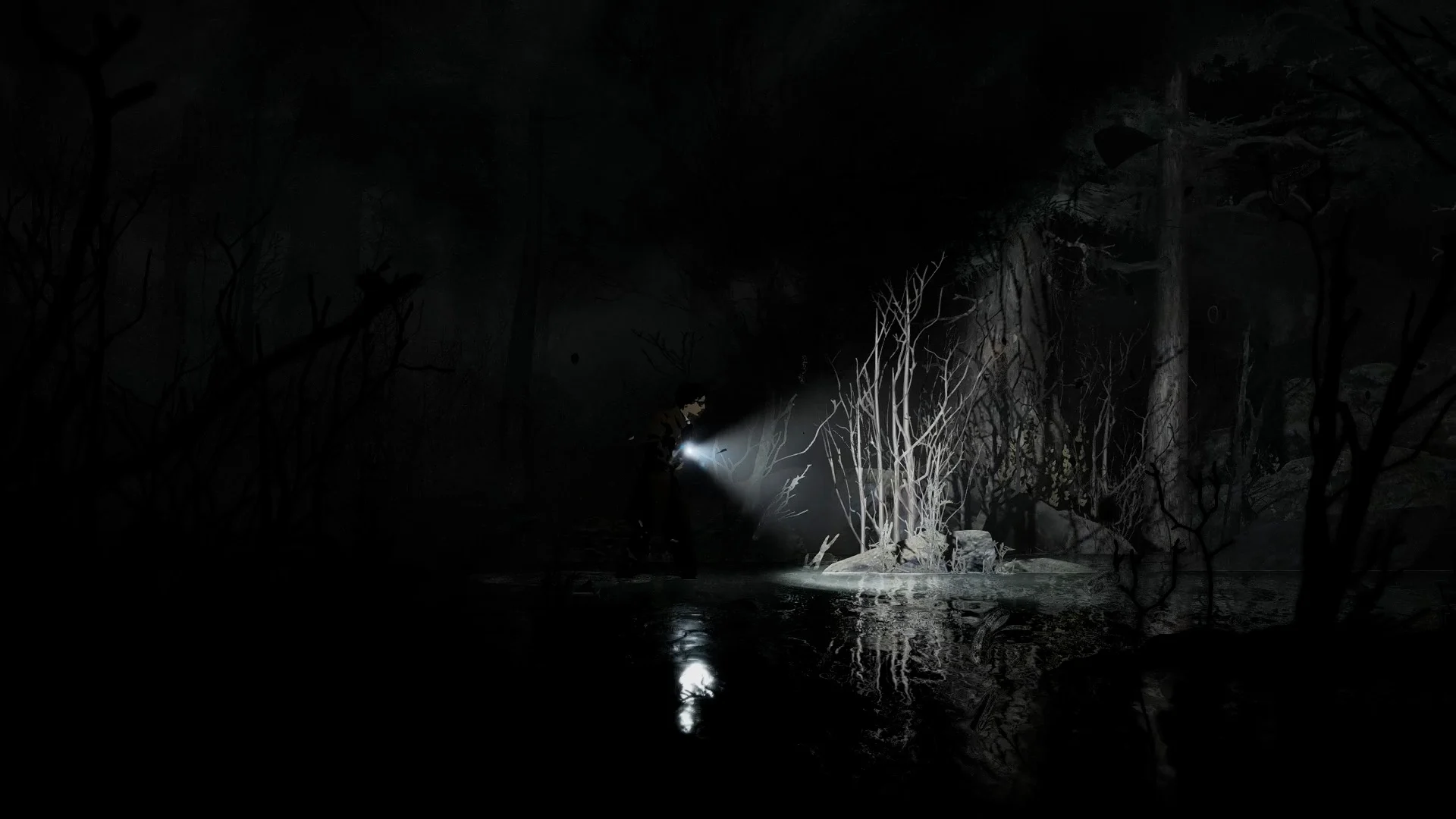 Personagem ilumina a margem de um rio em um cenário escuro de Silver Pines