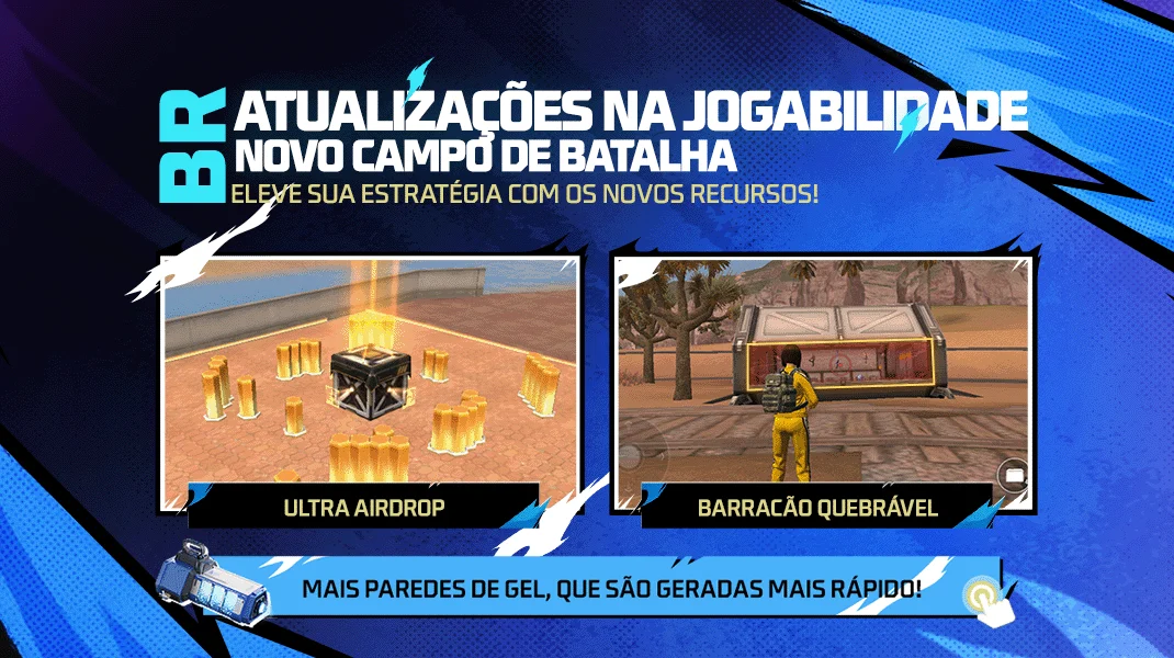 Imagem oficial da Garena sobre novidades de jogabilidade do Free Fire, com cenas de combate e recursos do Battle Royale
