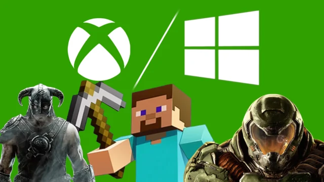 Personagens de The Elder Scrolls, Minecraft e DOOM em montagem sobre o ecossistema Xbox