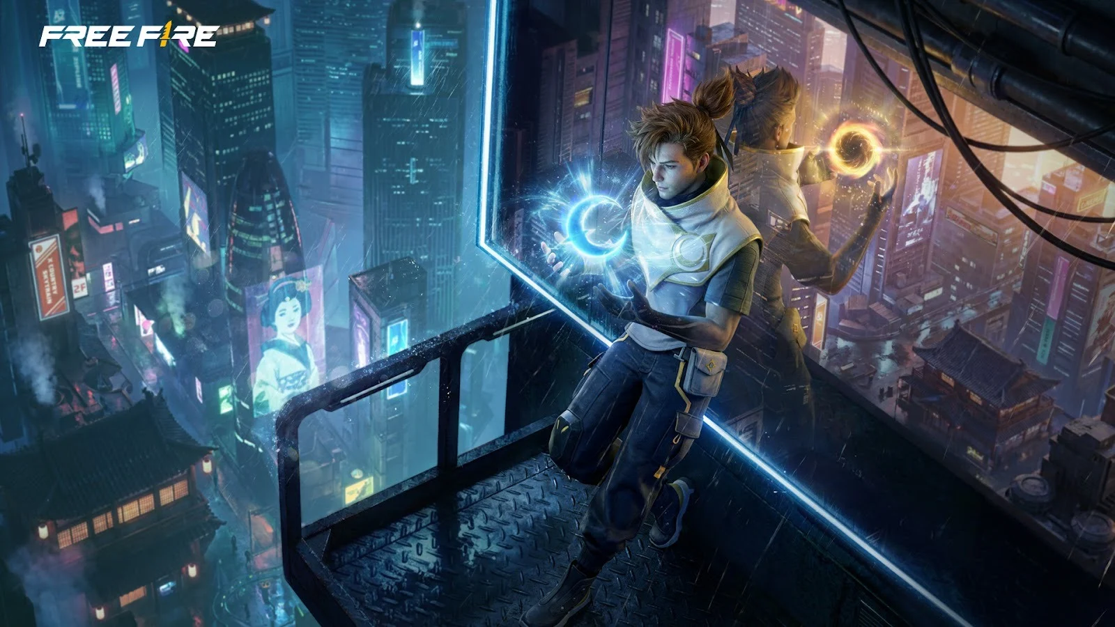Personagem de Free Fire em cenário urbano futurista, em imagem oficial da Garena