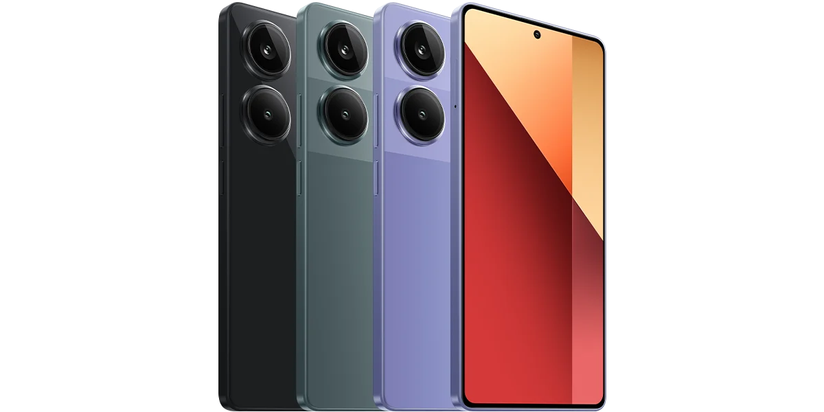 Redmi Note 13 Pro 4G nas cores preta, verde e roxa, exibindo câmeras traseiras e a tela frontal
