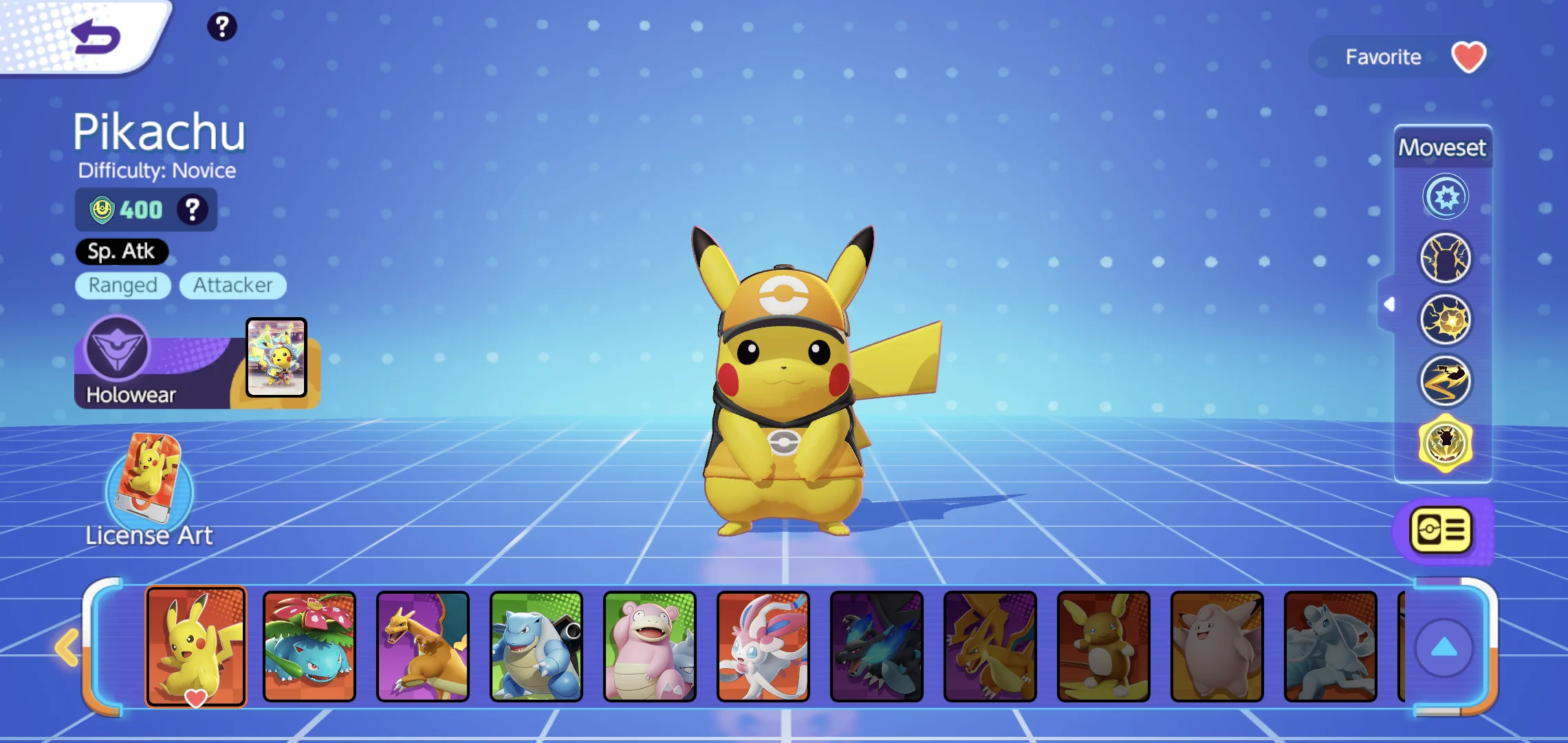 Pikachu com Holowear amarelo na prévia do menu de Pokémon e visuais da Biblioteca de Pokémon UNITE