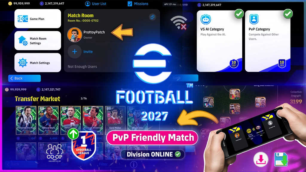 Montagem divulgada para Kipas Football mostra menus de partidas, mercado de transferências e modos online