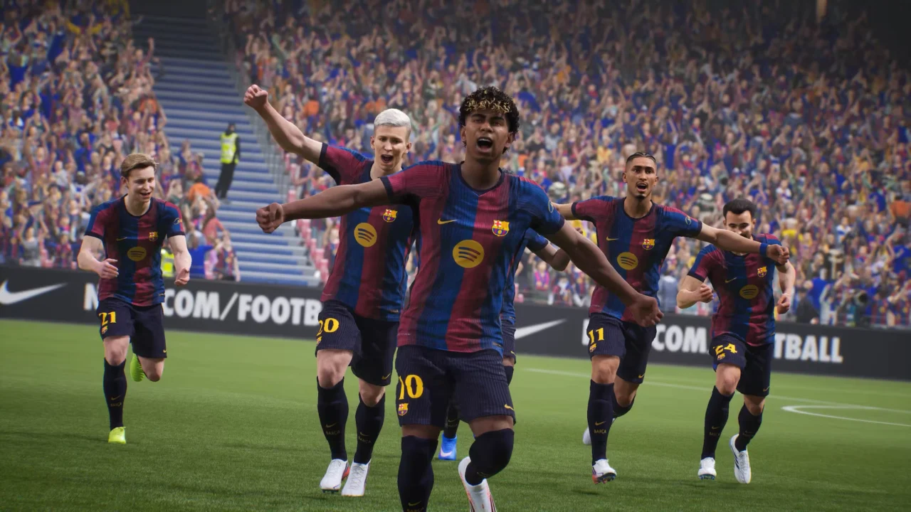 Jogadores do Barcelona comemoram um gol em partida do eFootball