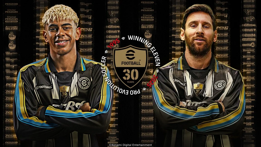 Arte oficial comemorativa do eFootball com Messi e Lamine Yamal em uniformes especiais