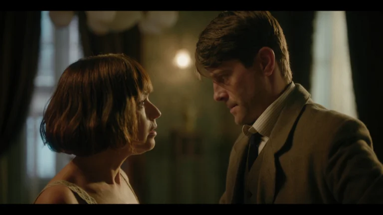 Elena e Julio se olham de perto durante um reencontro na série La Favorita 1922