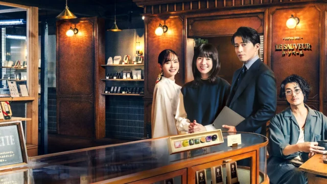 Yuri Nakamura, Han Hyo-joo, Shun Oguri e Jin Akanishi na arte de Românticos Anônimos, dentro da chocolateria.